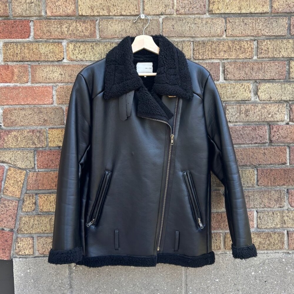 Oak + Fort Black Faux Leather Sherpa Jacket